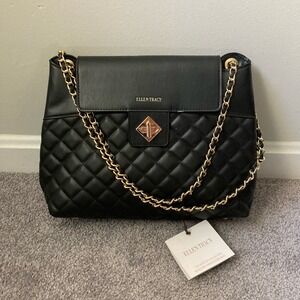 NWT Ellen Tracy Black & Gold Chain Strap Quilted Shoulder Bag